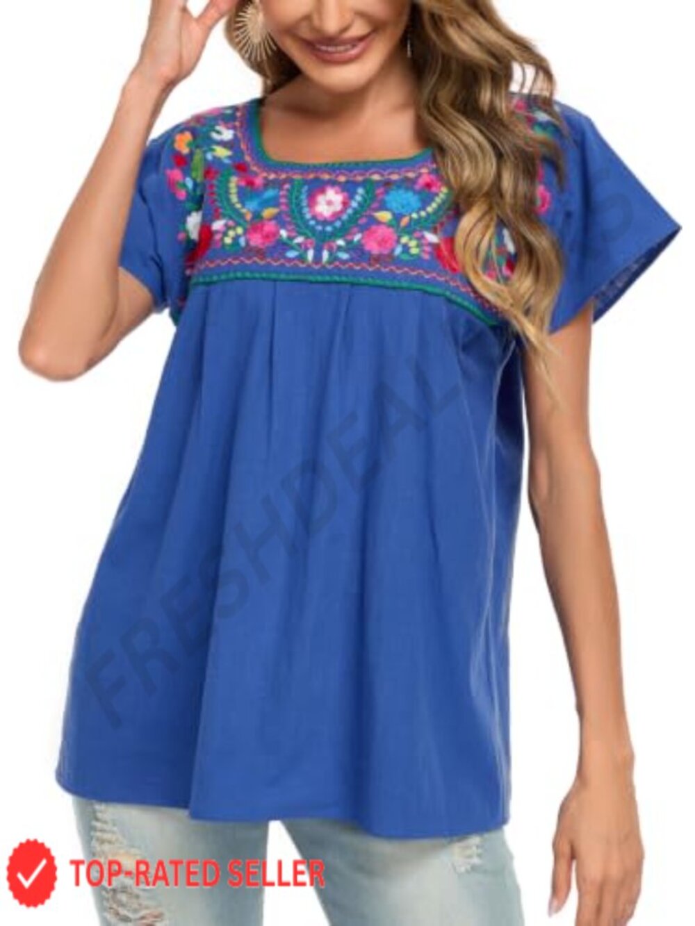 Embroidered Peasant Top Womens Lightweight Cotton Short Sleeve Summer Blouse